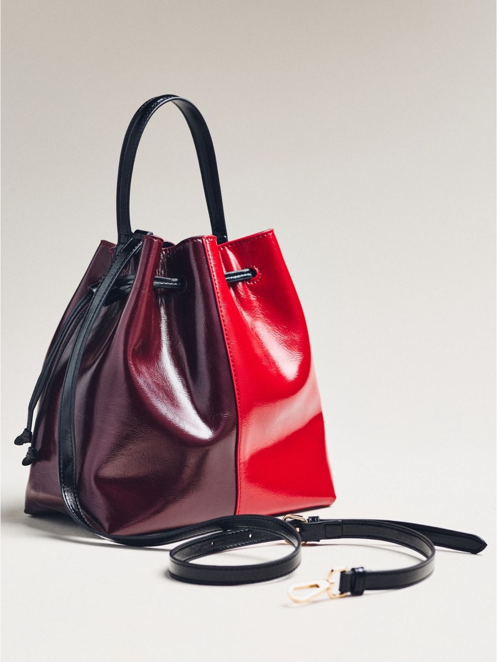 NWT Anthropologie Two-Tone Red & Burgundy Drawstring Bucket Bag